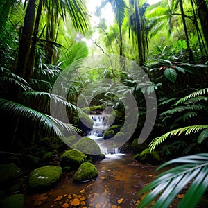 Small Waterfall in the Rain Forest Surrounded by Plants