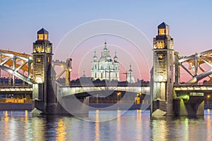 View of the Smolny Cathedral and the Bolsheokhtinsky bridge during the White Nights. St. Petersburg. Russia