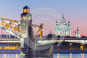 View of the Smolny Cathedral and the Bolsheokhtinsky bridge during the White Nights. St. Petersburg. Russia