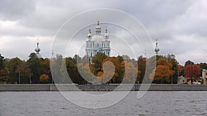 View of the Smolny Cathedral dome, October day. Saint Petersburg, Russia