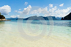 View at the snake island with white sand and crystal clear water in Palawan