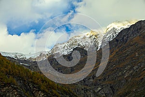 View of snow alp mountain landscape in autumn nature at swiss from the train