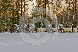 View of snow cannons to make artificial ski tracks.