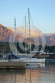 Mediterranean winter evening. View of the snow-capped mountain o