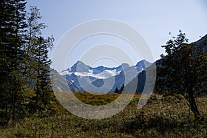 View of the snow-capped mountains of the austrian alps