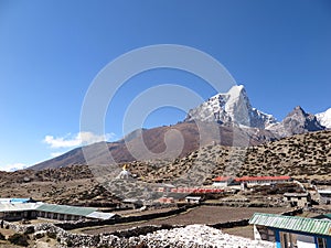View of snow-capped Mt Taboche from Dingboche village, Sagarmatha National Park, Nepal