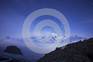 View of snow covered landscape with Weisshorn mountain in the Swiss Alps near Zermatt. Panorama of the Weisshorn near Zermatt