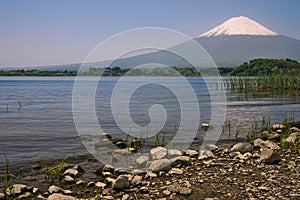 View of snow covered Mount Fuji and lake Kawaguchiko