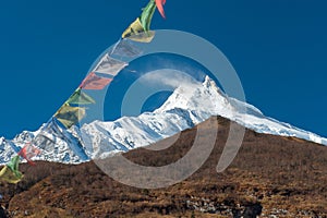 View of snow covered Mount Manaslu 8 156 meters with prayer flags and forest. Himalayas, Manaslu Gorkha District, Nepal