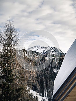 View of a snow covered mountain peak and pine forest during winter, chalet roof in foreground