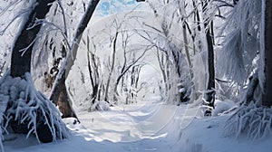 View of snow covered trees in forest .