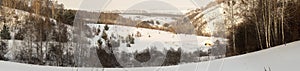 View of the snow-covered valley and plain. Winter, Altai region.