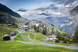 Snowcapped Bernese Swiss alps and Murren village, Switzerland