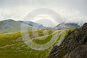 View from Snowdon Ranger path at a mountain train. Highest mountain in Wales. Snowdonia National Park.