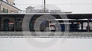 view while snowing at train station, Switzerland