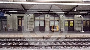 view while snowing at train station, Switzerland