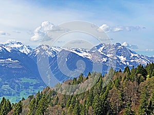 View of the snowy alpine peaks in the Glarus Alps massif from the slopes of the Churfirsten mountain range, Walenstadtberg