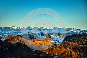 view of the snowy churfirsten in the toggenburg appenzeller alps from the schnebelhorn. Gorgeous landscape picture