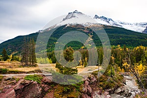 View of the snowy mountain peak in Waterton Lakes National Park