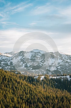 View of snowy mountains in the Wasatch Range of the Rocky Mountains, from Guardman\'s Pass, near Park City, Utah