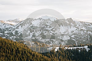 View of snowy mountains in the Wasatch Range of the Rocky Mountains, from Guardman\'s Pass, near Park City, Utah