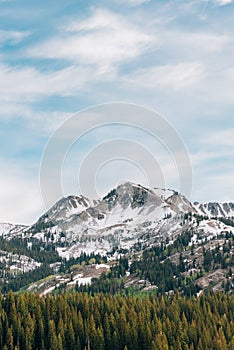 View of snowy mountains in the Wasatch Range of the Rocky Mountains, near Park City, Utah