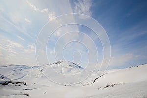 View of snowy peaks from Vikafjellet, R13 in Norway