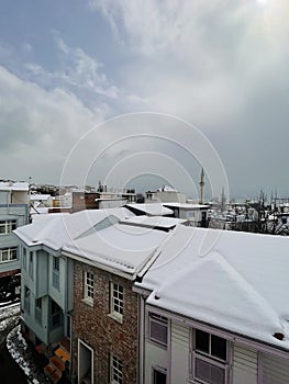 View of snowy roofs, Fatih, Istanbul, Turkey