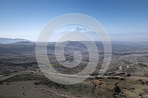 A view of the snowy white peak of Ararat in Armenia.