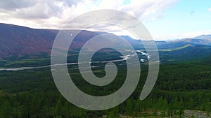 View of the Sob river valley, cloudy evening. Polar Urals, Russia aerial