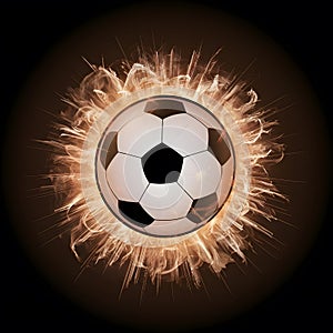 view Soccer ball depicted in an explosive fireball display