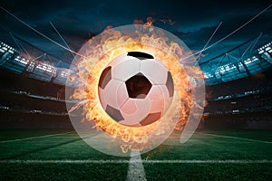 view Soccer ball depicted in an explosive fireball display