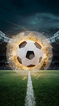 view Soccer ball depicted in an explosive fireball display