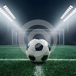 view Soccer ball on empty field illuminated by overhead lights, evoking anticipation and excitement