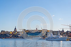 View of Sodermalm central district. Stockholm capital of Sweden. Lakeside panorama.