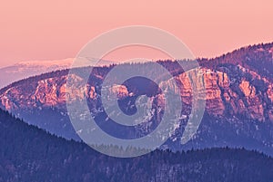 View at Sokolie rocks in Chocske vrchy during sunset from Nizke Tatry