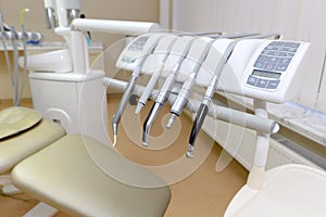 View of some dental equipment such as drills in dentist`s surgery