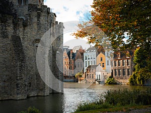 view of some Gand houses with the castle of Flanders in the foreground