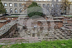 View of some of the preserved ruins of the late antique public complex, `Constantine`s Quarter` of Serdika-Sredets, Sofia