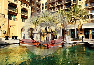 View of the Souk Madinat Jumeirah and abra boats