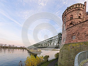 View of the south bridge in Mainz with historical tower and steel bridge construction