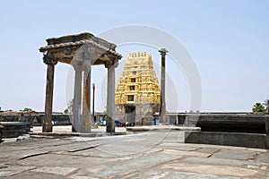 View of South East courtyard, Chennakeshava temple complex, Belur, Karnataka. The lamp post and East Gopuram is clearly seen.