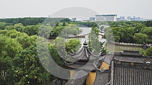 View of South Lake scenic area and city skyline in Jiaxing, China