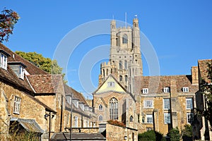 View of the South part of the Cathedral of Ely in Cambridgeshire, with medieval houses in the foreground