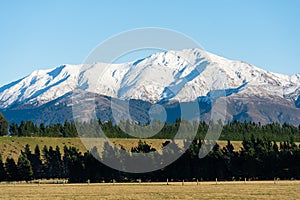 View of the Southern Alps from farmland in Central Otago