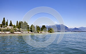 View of the southern part of Lake Garda with Island Garda. Region of Sirmione in Italy