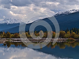 View of the southern shore of Moose Lake in Mount Robson Provincial Park, British Columbia, Canada.