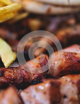 View of Souvlaki on a plate - traditional greek cuisine dish with grilled bbq chicken with french fries and tzatziki sauce served