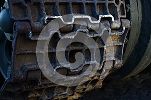 Soviet Union tank tracks. Caterpillar armored closeup shot.