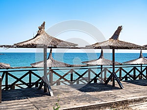 View from Sozopol, Bulgaria. Empty wooden terrace by the sea with a wonderful view